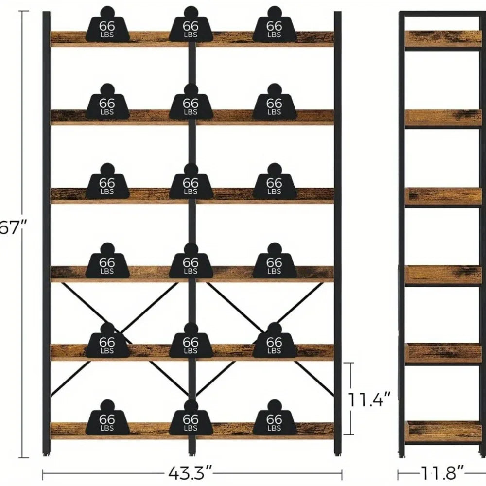 GREENSTELL 67" Industrial Rustic Bookcase - 6-Tier Open Shelf Storage Unit with Metal Frame & 4 Hooks, Vintage Display Shelf, 43.3" Width, Grey Finish House Of Avana