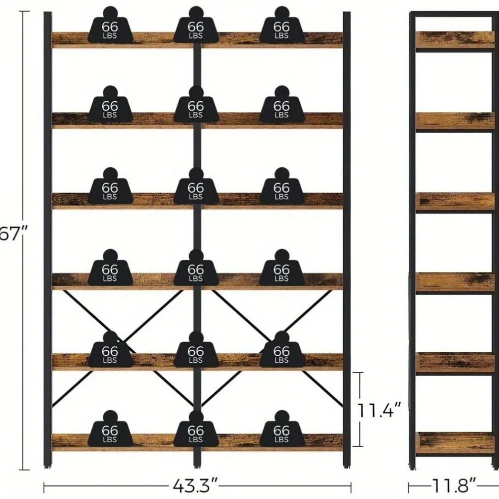 GREENSTELL 67" Industrial Rustic Bookcase - 6-Tier Open Shelf Storage Unit with Metal Frame & 4 Hooks, Vintage Display Shelf, 43.3" Width, Grey Finish House Of Avana [[SKU:HOA-BOK-009]]