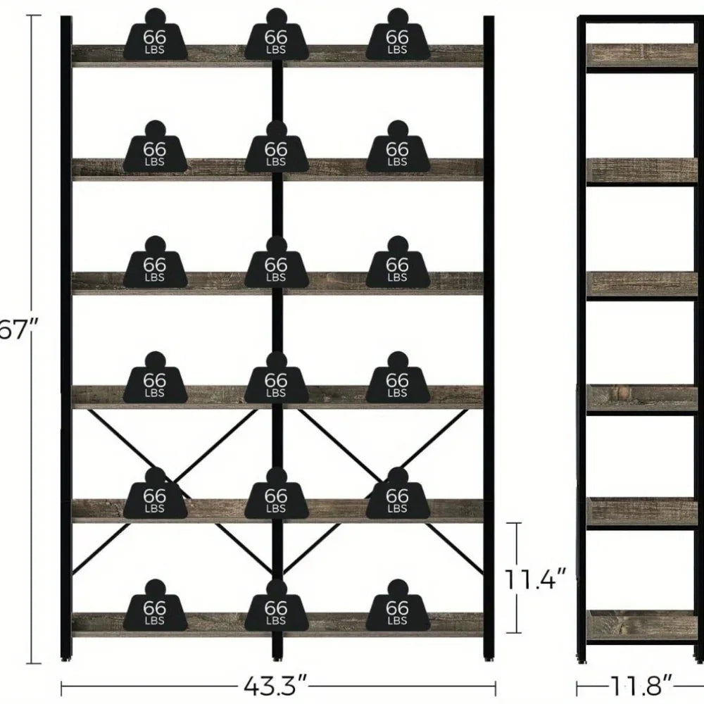 GREENSTELL 67" Industrial Rustic Bookcase - 6-Tier Open Shelf Storage Unit with Metal Frame & 4 Hooks, Vintage Display Shelf, 43.3" Width, Grey Finish House Of Avana [[SKU:HOA-BOK-009]]