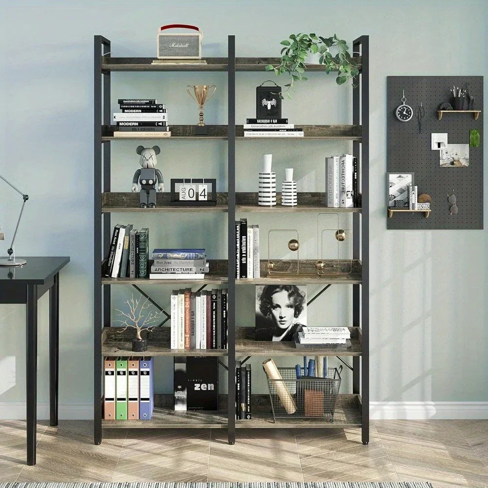GREENSTELL 67" Industrial Rustic Bookcase - 6-Tier Open Shelf Storage Unit with Metal Frame & 4 Hooks, Vintage Display Shelf, 43.3" Width, Grey Finish House Of Avana [[SKU:HOA-BOK-009]]