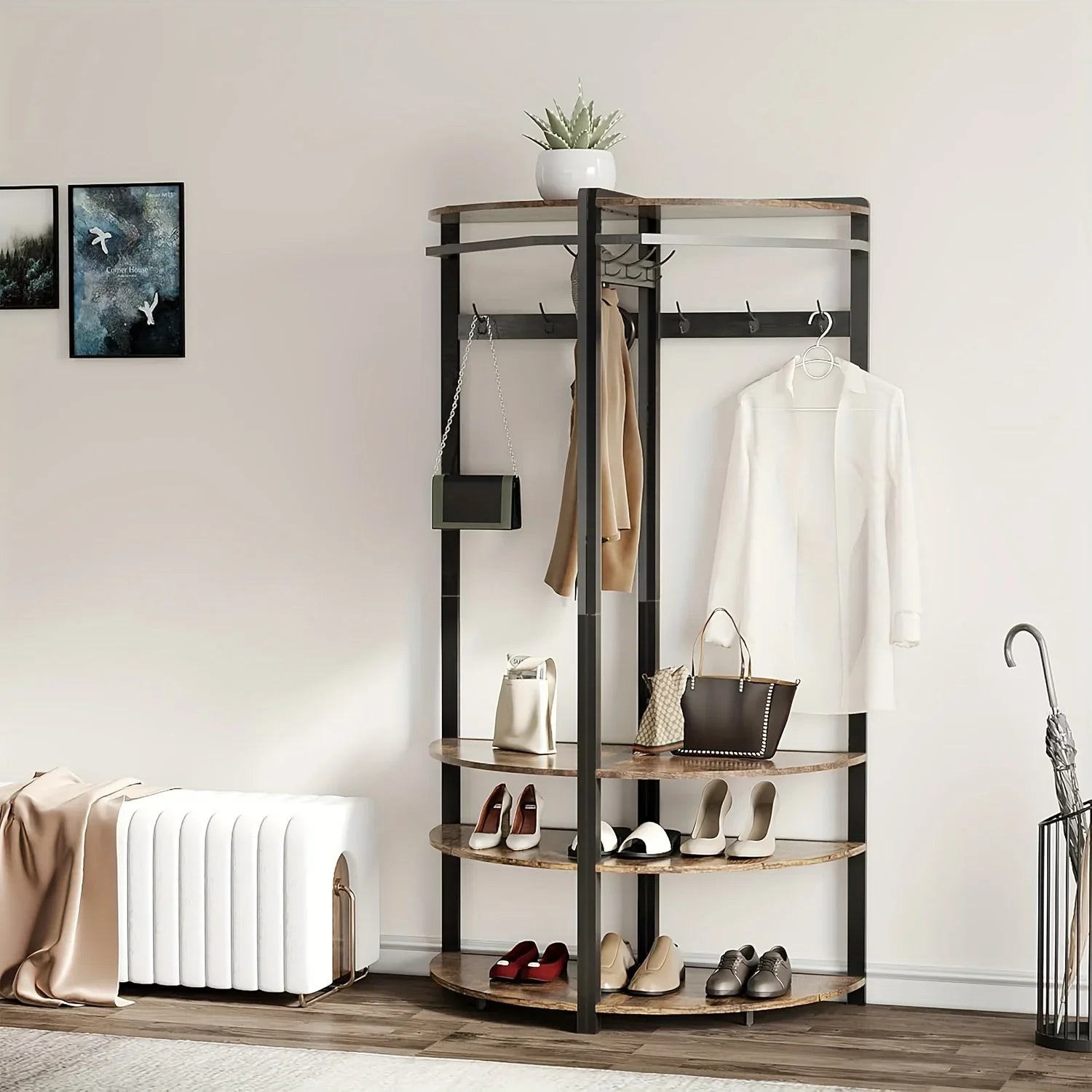 Corner Coat Rack, Metal Corner Coat Rack with Double Hooks/storage Rack/shoe Rack, Space Saving,... - House Of Avana