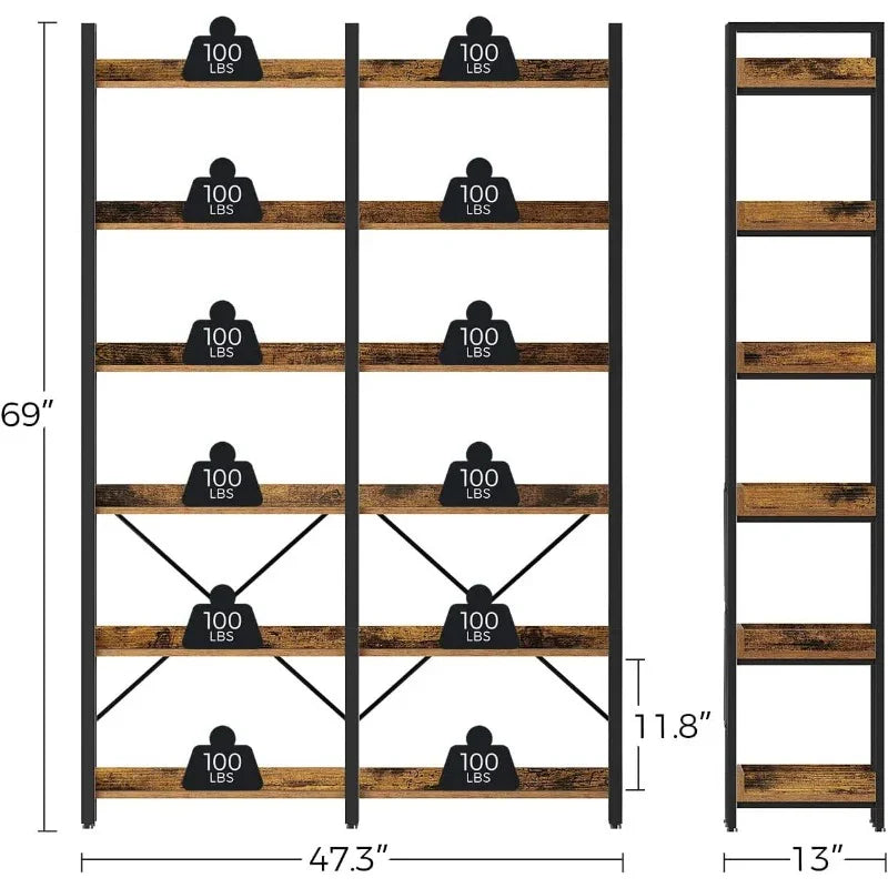 Bookshelf 6 Tier with 4 Hooks, 69 Industrial Wooden Bookcase, Vintage Storage Rack with Open Shelves, Standing Bookshelves Metal Frame 47.3 Wide Display Rack House Of Avana [[SKU:HOA-BOK-018]]
