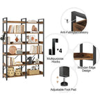 Bookshelf 6 Tier with 4 Hooks, 69 Industrial Wooden Bookcase, Vintage Storage Rack with Open Shelves, Standing Bookshelves Metal Frame 47.3 Wide Display Rack House Of Avana