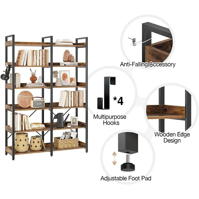 Bookshelf 6 Tier with 4 Hooks, 69 Industrial Wooden Bookcase, Vintage Storage Rack with Open Shelves, Standing Bookshelves Metal Frame 47.3 Wide Display Rack House Of Avana