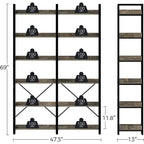 Bookshelf 6 Tier with 4 Hooks, 69 Industrial Wooden Bookcase, Vintage Storage Rack with Open Shelves, Standing Bookshelves Metal Frame 47.3 Wide Display Rack House Of Avana [[SKU:HOA-BOK-018]]