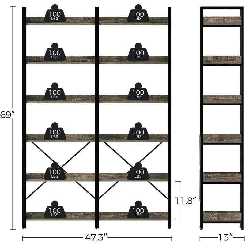 Bookshelf 6 Tier with 4 Hooks, 69 Industrial Wooden Bookcase, Vintage Storage Rack with Open Shelves, Standing Bookshelves Metal Frame 47.3 Wide Display Rack House Of Avana [[SKU:HOA-BOK-018]]