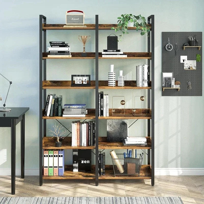 Bookshelf 6 Tier with 4 Hooks, 69 Industrial Wooden Bookcase, Vintage Storage Rack with Open Shelves, Standing Bookshelves Metal Frame 47.3 Wide Display Rack House Of Avana [[SKU:HOA-BOK-018]]