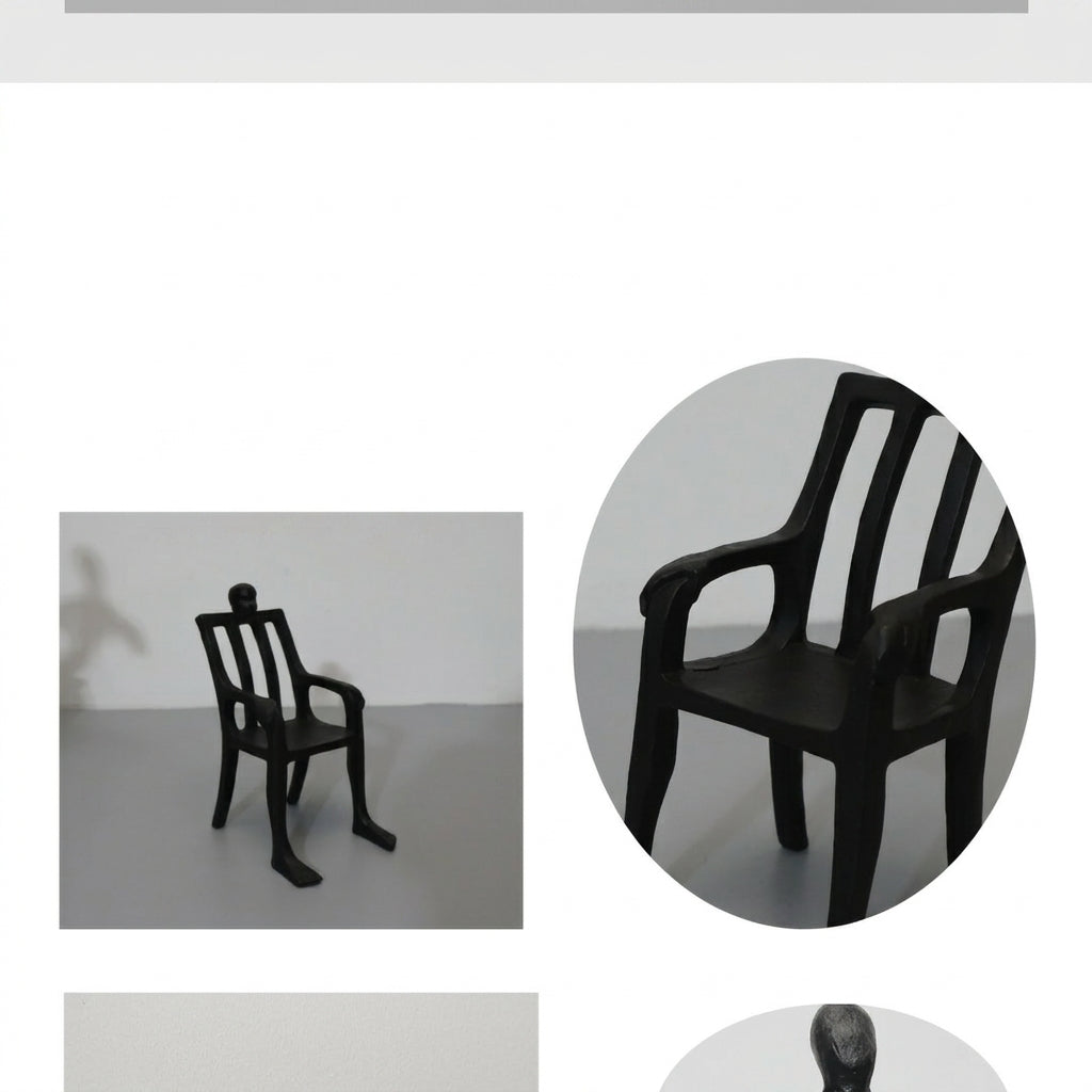 A black molded plastic chair shown in multiple views on a light gray background, including a full side view and two circular close-up detail views.
