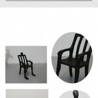 A black molded plastic chair shown in multiple views on a light gray background, including a full side view and two circular close-up detail views.