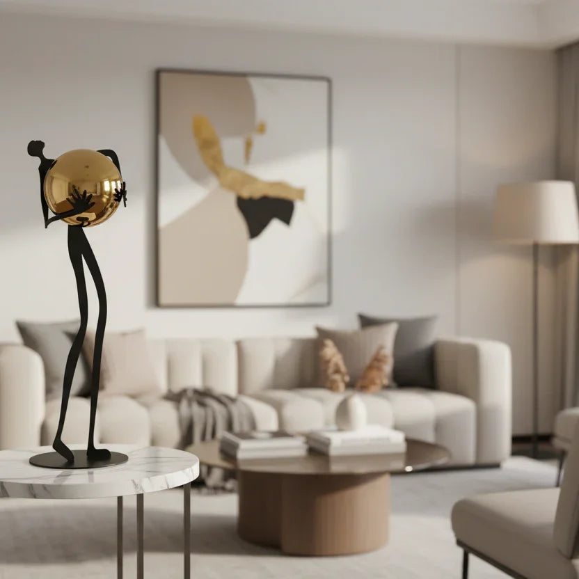 Metal Human Figure Sculpture with Gold Ball – Artistic Home Decor | Iron Figure Sculpture | texture detail | Abstract home decor | House of Avana