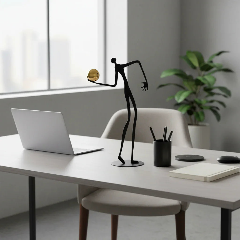 Metal Human Figure Sculpture with Gold Ball – Artistic Home Decor | Iron Figure Sculpture | product view 18 | Abstract home decor | House of Avana