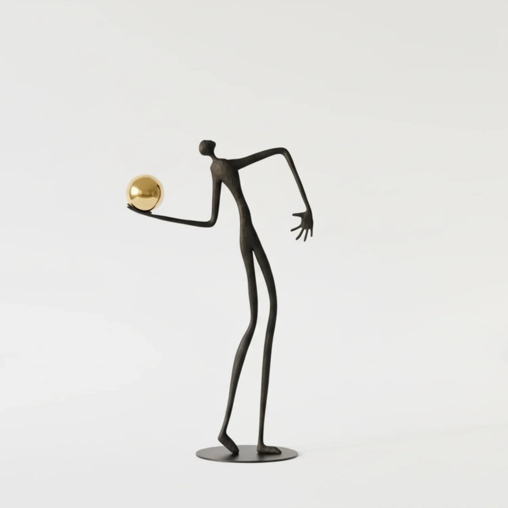 Metal Human Figure Sculpture with Gold Ball – Artistic Home Decor | Iron Figure Sculpture | side view | Abstract home decor | House of Avana