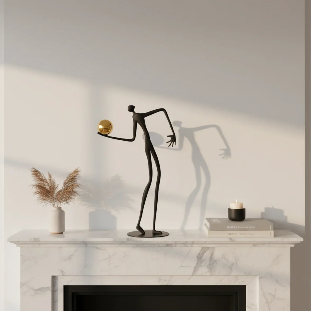 Metal Human Figure Sculpture with Gold Ball – Artistic Home Decor | Iron Figure Sculpture | angle view | Abstract home decor | House of Avana