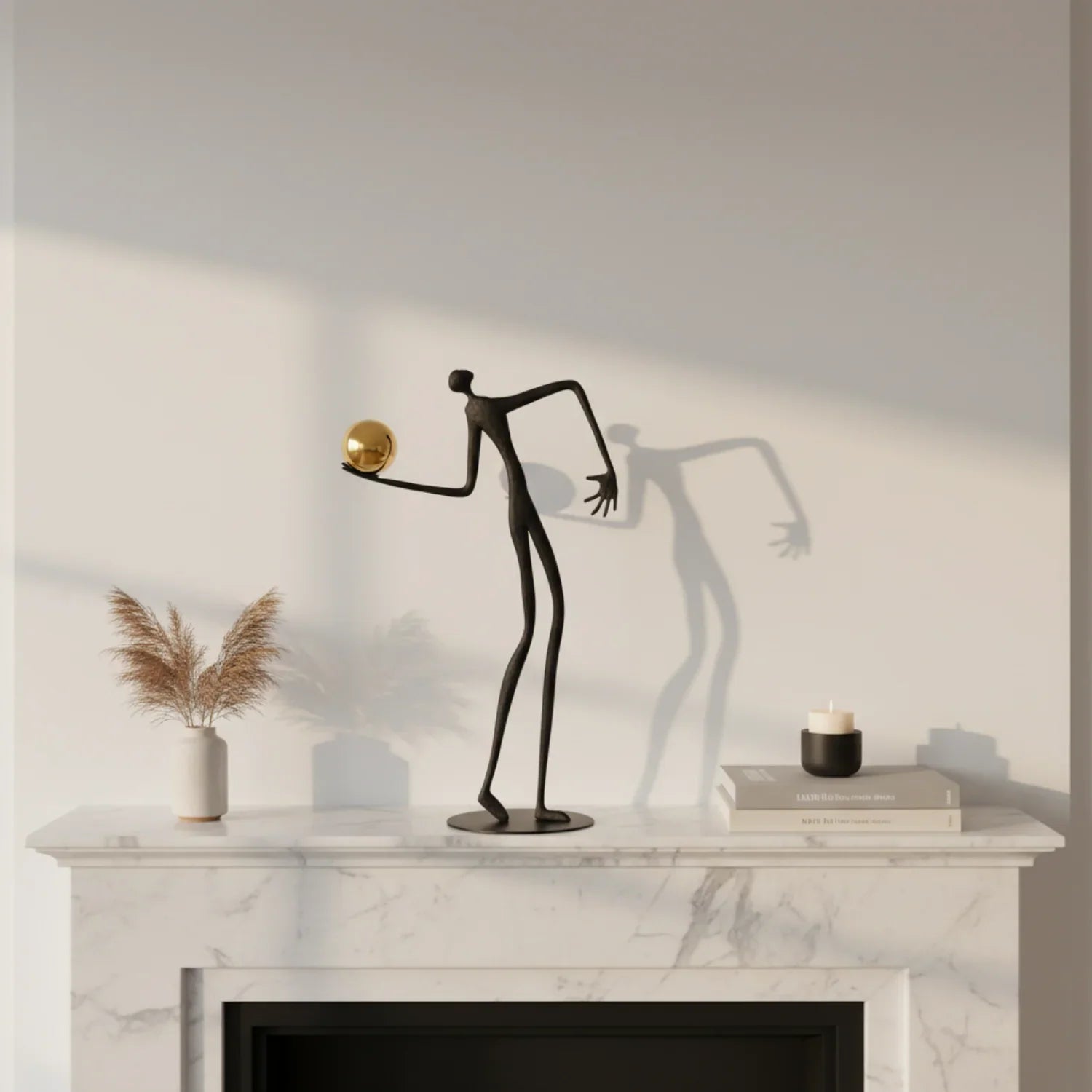 Metal Human Figure Sculpture with Gold Ball – Artistic Home Decor | Iron Figure Sculpture | angle view | Abstract home decor | House of Avana