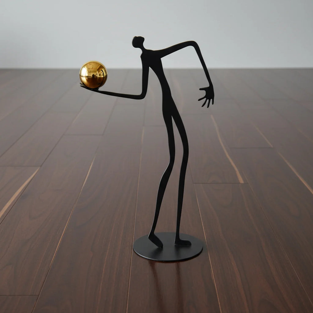 Metal Human Figure Sculpture with Gold Ball – Artistic Home Decor | Iron Figure Sculpture | front view | Abstract home decor | House of Avana
