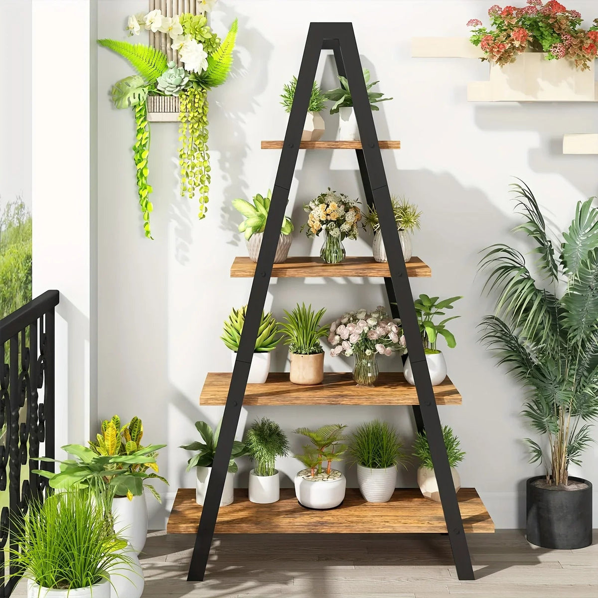 LAMERGE 4-storey A-shaped Bookshelf, Metal Frame Bookshelf, Standing Bedroom Ladder, Open Display Shelf, Indoor Plant Shelf, M Living Room, Office, Small Space Home Furniture Bookshelf House Of Avana [[SKU:HOA-BOK-015]]