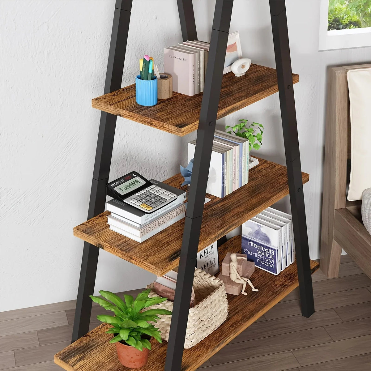 LAMERGE 4-storey A-shaped Bookshelf, Metal Frame Bookshelf, Standing Bedroom Ladder, Open Display Shelf, Indoor Plant Shelf, M Living Room, Office, Small Space Home Furniture Bookshelf House Of Avana [[SKU:HOA-BOK-015]]