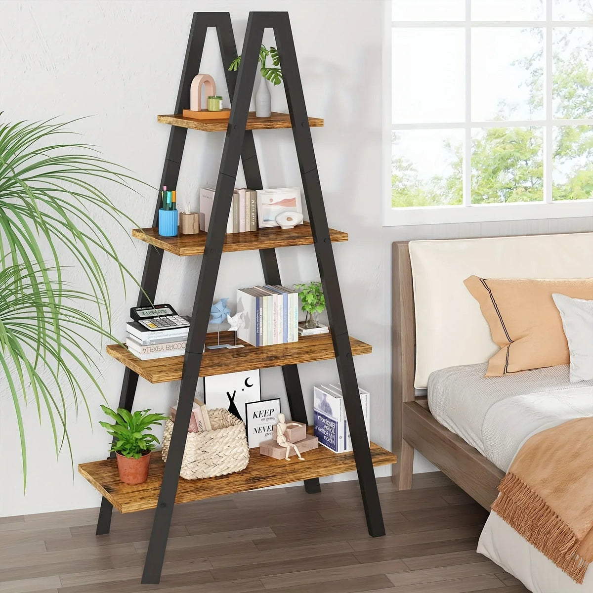 LAMERGE 4-storey A-shaped Bookshelf, Metal Frame Bookshelf, Standing Bedroom Ladder, Open Display Shelf, Indoor Plant Shelf, M Living Room, Office, Small Space Home Furniture Bookshelf House Of Avana [[SKU:HOA-BOK-015]]