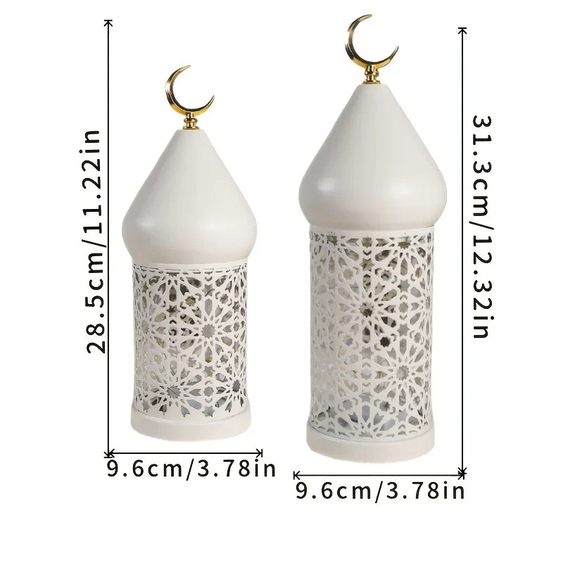 1pc Metal LED Decorative Lantern with Intricate Cut-Out Patterns & Crescent Moon Accents - Battery-Powered Tabletop Home Decor for Ramadan, Weddings, Diwali - Warm White Light (3 AAA Batteries Not Included), Lantern Decor House Of Avana [[SKU:HOA-LGT-400]]