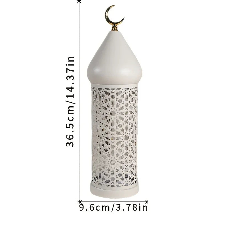 1pc Metal LED Decorative Lantern with Intricate Cut-Out Patterns & Crescent Moon Accents - Battery-Powered Tabletop Home Decor for Ramadan, Weddings, Diwali - Warm White Light (3 AAA Batteries Not Included), Lantern Decor House Of Avana [[SKU:HOA-LGT-400]]