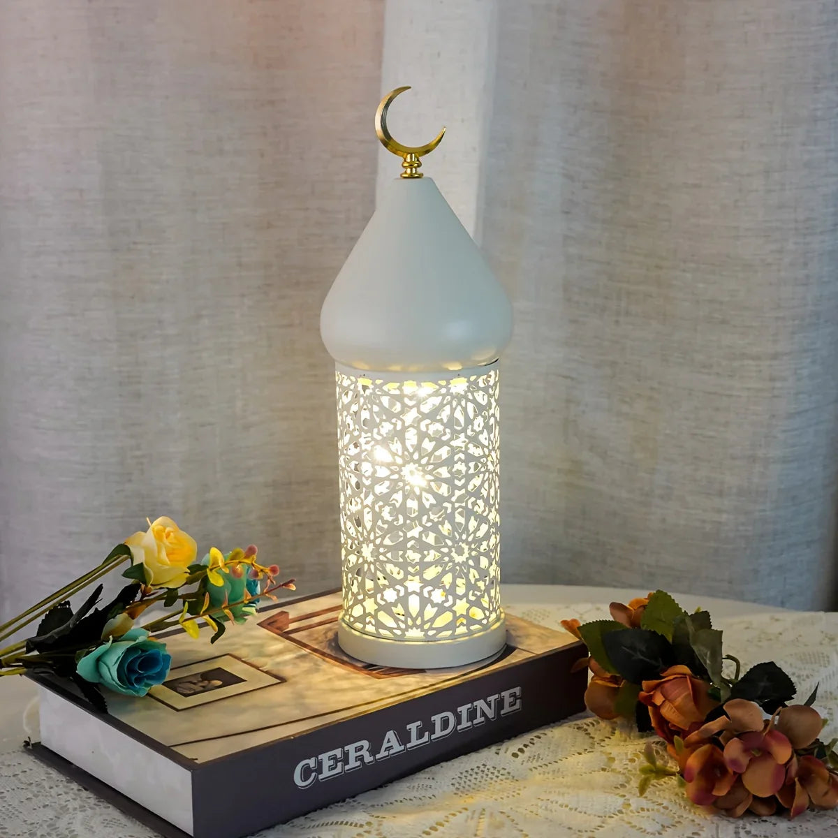 1pc Metal LED Decorative Lantern with Intricate Cut-Out Patterns & Crescent Moon Accents - Battery-Powered Tabletop Home Decor for Ramadan, Weddings, Diwali - Warm White Light (3 AAA Batteries Not Included), Lantern Decor House Of Avana [[SKU:HOA-LGT-400]]