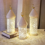 1pc Metal LED Decorative Lantern with Intricate Cut-Out Patterns & Crescent Moon Accents - Battery-Powered Tabletop Home Decor for Ramadan, Weddings, Diwali - Warm White Light (3 AAA Batteries Not Included), Lantern Decor House Of Avana [[SKU:HOA-LGT-400]]