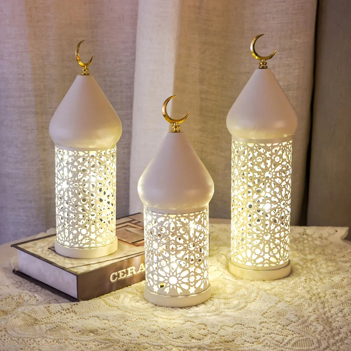 1pc Metal LED Decorative Lantern with Intricate Cut-Out Patterns & Crescent Moon Accents - Battery-Powered Tabletop Home Decor for Ramadan, Weddings, Diwali - Warm White Light (3 AAA Batteries Not Included), Lantern Decor House Of Avana [[SKU:HOA-LGT-400]]