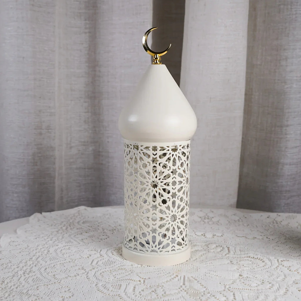 1pc Metal LED Decorative Lantern with Intricate Cut-Out Patterns & Crescent Moon Accents - Battery-Powered Tabletop Home Decor for Ramadan, Weddings, Diwali - Warm White Light (3 AAA Batteries Not Included), Lantern Decor House Of Avana [[SKU:HOA-LGT-400]]