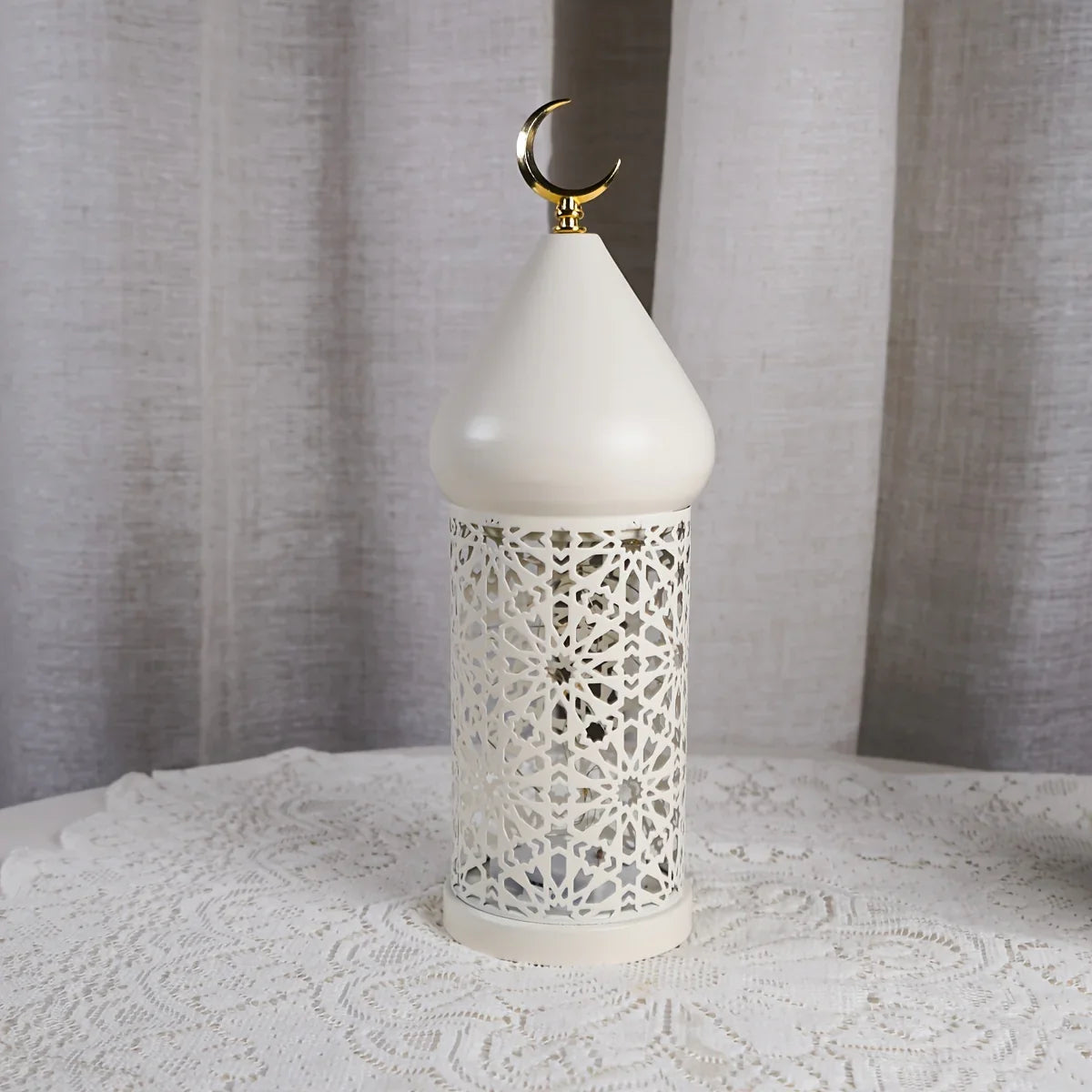 1pc Metal LED Decorative Lantern with Intricate Cut-Out Patterns & Crescent Moon Accents - Battery-Powered Tabletop Home Decor for Ramadan, Weddings, Diwali - Warm White Light (3 AAA Batteries Not Included), Lantern Decor House Of Avana [[SKU:HOA-LGT-400]]