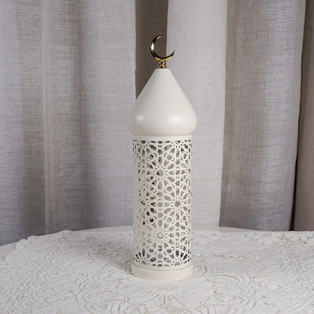 1pc Metal LED Decorative Lantern with Intricate Cut-Out Patterns & Crescent Moon Accents - Battery-Powered Tabletop Home Decor for Ramadan, Weddings, Diwali - Warm White Light (3 AAA Batteries Not Included), Lantern Decor House Of Avana