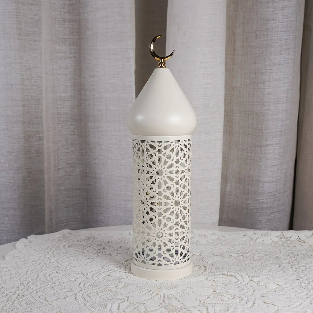 1pc Metal LED Decorative Lantern with Intricate Cut-Out Patterns & Crescent Moon Accents - Battery-Powered Tabletop Home Decor for Ramadan, Weddings, Diwali - Warm White Light (3 AAA Batteries Not Included), Lantern Decor House Of Avana [[SKU:HOA-LGT-400]]