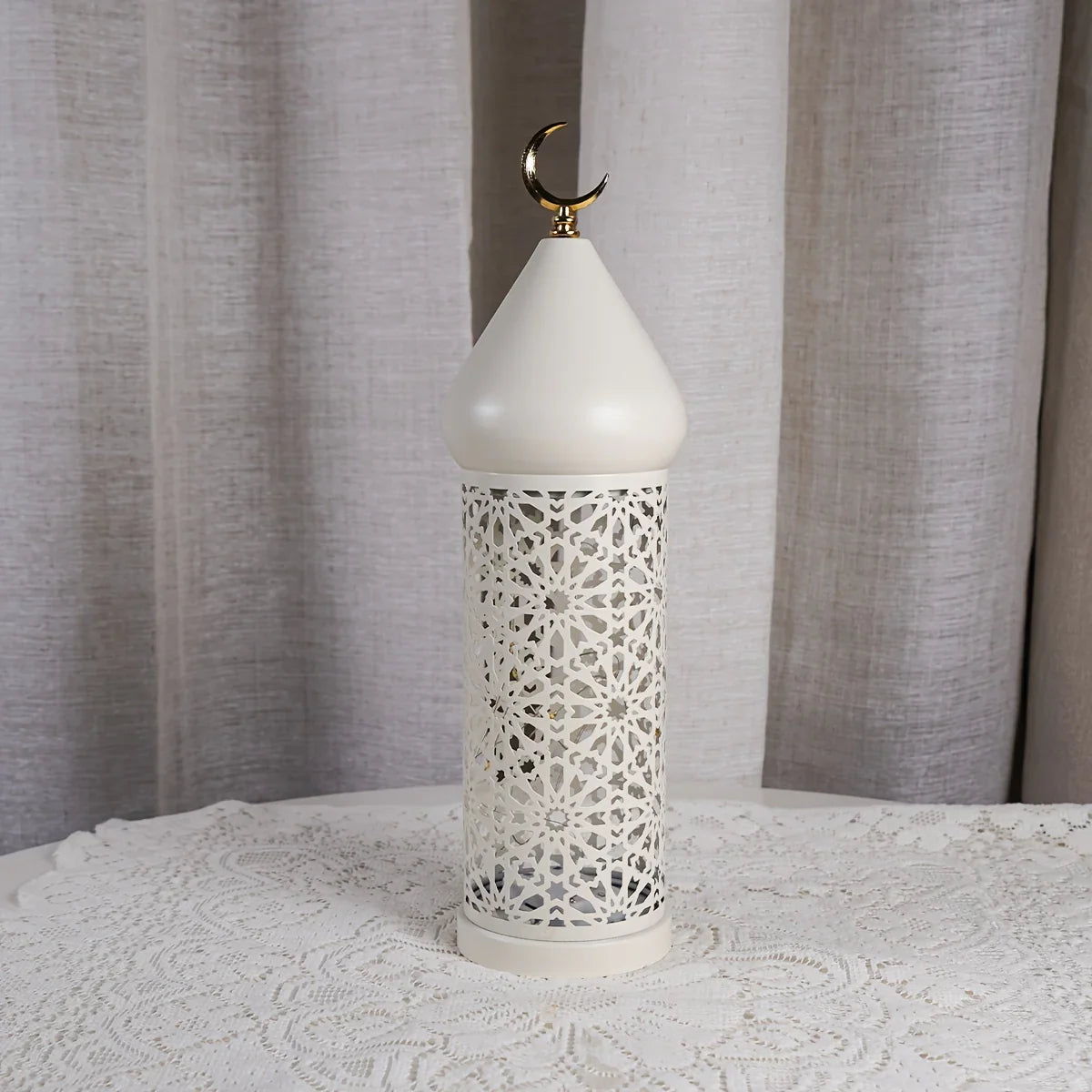 1pc Metal LED Decorative Lantern with Intricate Cut-Out Patterns & Crescent Moon Accents - Battery-Powered Tabletop Home Decor for Ramadan, Weddings, Diwali - Warm White Light (3 AAA Batteries Not Included), Lantern Decor House Of Avana [[SKU:HOA-LGT-400]]