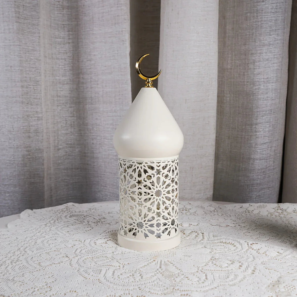 1pc Metal LED Decorative Lantern with Intricate Cut-Out Patterns & Crescent Moon Accents - Battery-Powered Tabletop Home Decor for Ramadan, Weddings, Diwali - Warm White Light (3 AAA Batteries Not Included), Lantern Decor House Of Avana [[SKU:HOA-LGT-400-A]]