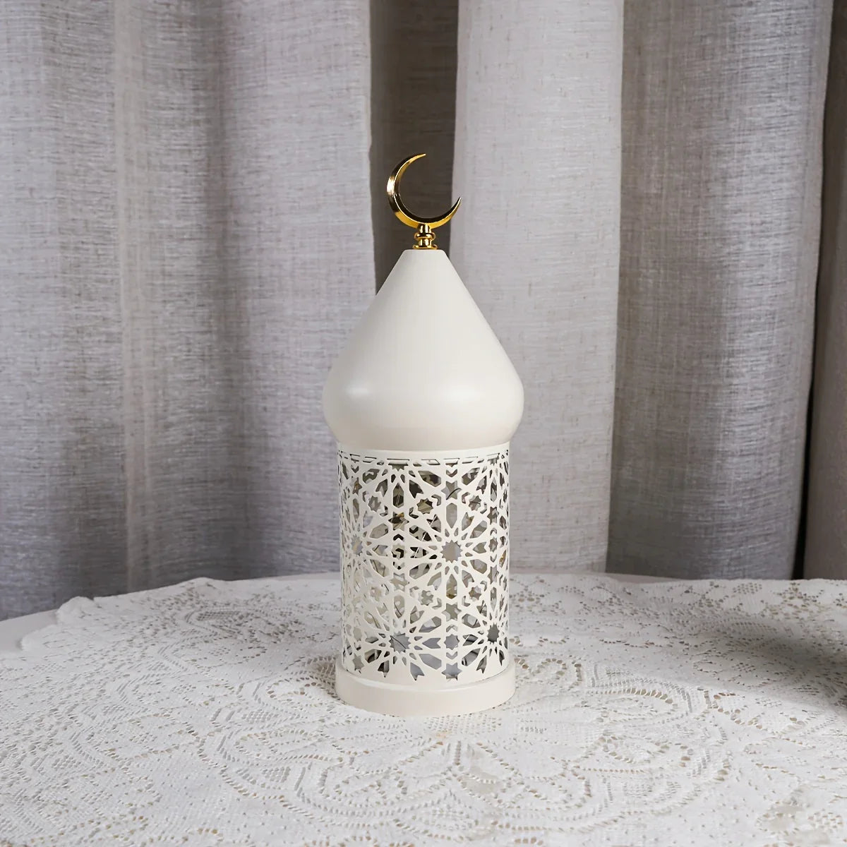 1pc Metal LED Decorative Lantern with Intricate Cut-Out Patterns & Crescent Moon Accents - Battery-Powered Tabletop Home Decor for Ramadan, Weddings, Diwali - Warm White Light (3 AAA Batteries Not Included), Lantern Decor House Of Avana [[SKU:HOA-LGT-400-A]]