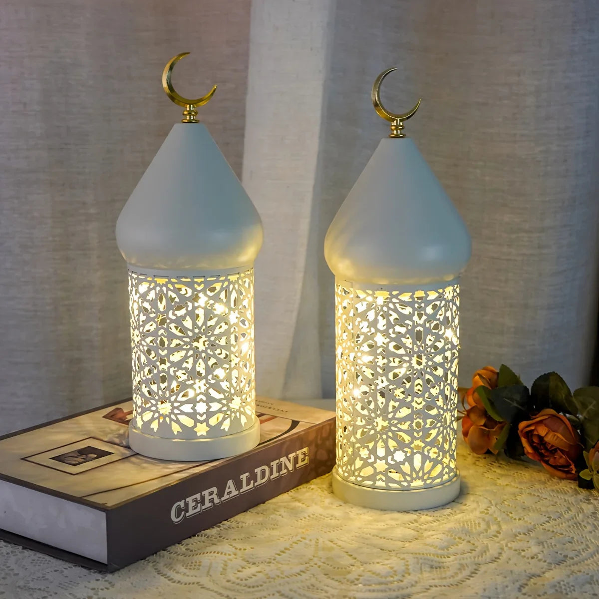 1pc Metal LED Decorative Lantern with Intricate Cut-Out Patterns & Crescent Moon Accents - Battery-Powered Tabletop Home Decor for Ramadan, Weddings, Diwali - Warm White Light (3 AAA Batteries Not Included), Lantern Decor House Of Avana