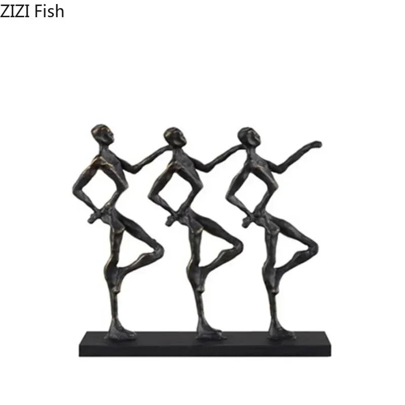 Black metallic metal sculpture of three abstract dancers in synchronized poses for a unique metal desk decor