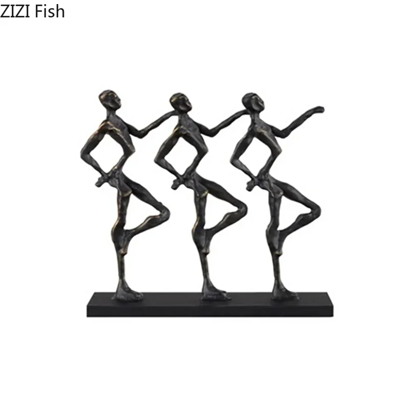 Black metallic unique metal sculpture of three stylized dancers on a rectangular base for unique metal desk decor