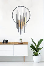 Metal Wall Art - Geometric Circle Design with Rustic Industrial Bars & Beams, close-up view - House Of Avana