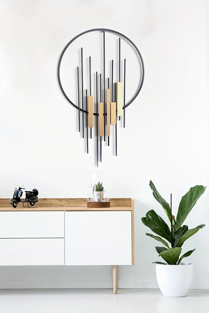 Metal Wall Art - Geometric Circle Design with Rustic Industrial Bars & Beams, close-up view - House Of Avana