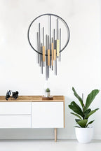 Metal Wall Art - Geometric Circle Design with Rustic Industrial Bars & Beams, close-up view - House Of Avana [[SKU:HOA-WAL-054]]