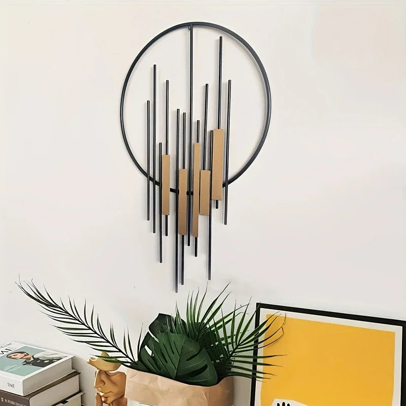 Metal Wall Art - Geometric Circle Design with Rustic Industrial Bars & Beams, angled view - House Of Avana [[SKU:HOA-WAL-054]]