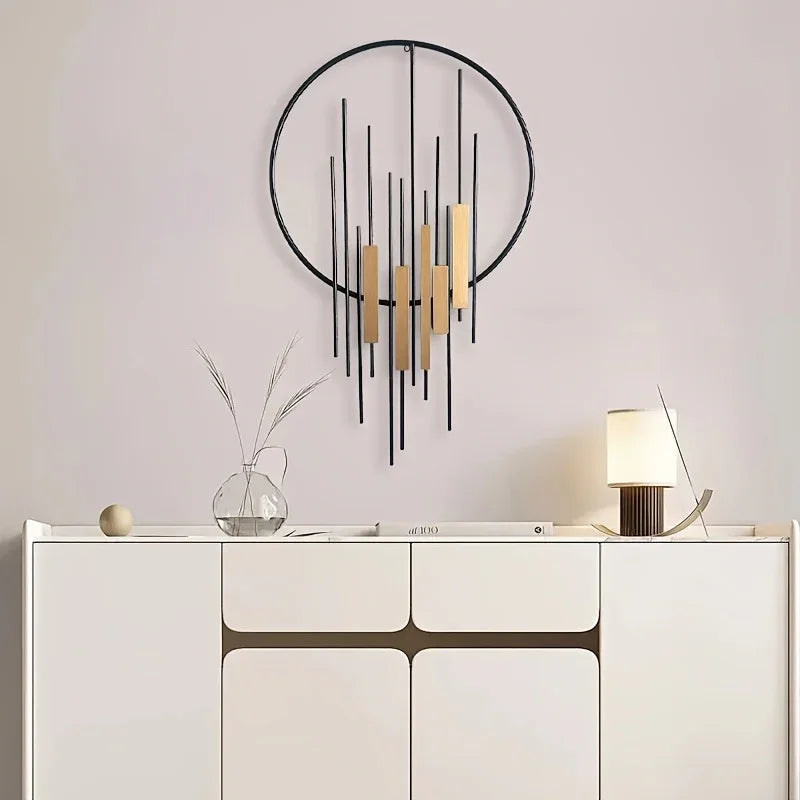 Metal Wall Art - Geometric Circle Design with Rustic Industrial Bars & Beams, angled view - House Of Avana [[SKU:HOA-WAL-054]]