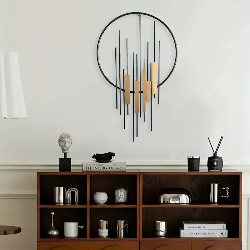 Metal Wall Art - Geometric Circle Design with Rustic Industrial Bars & Beams, angled view - House Of Avana