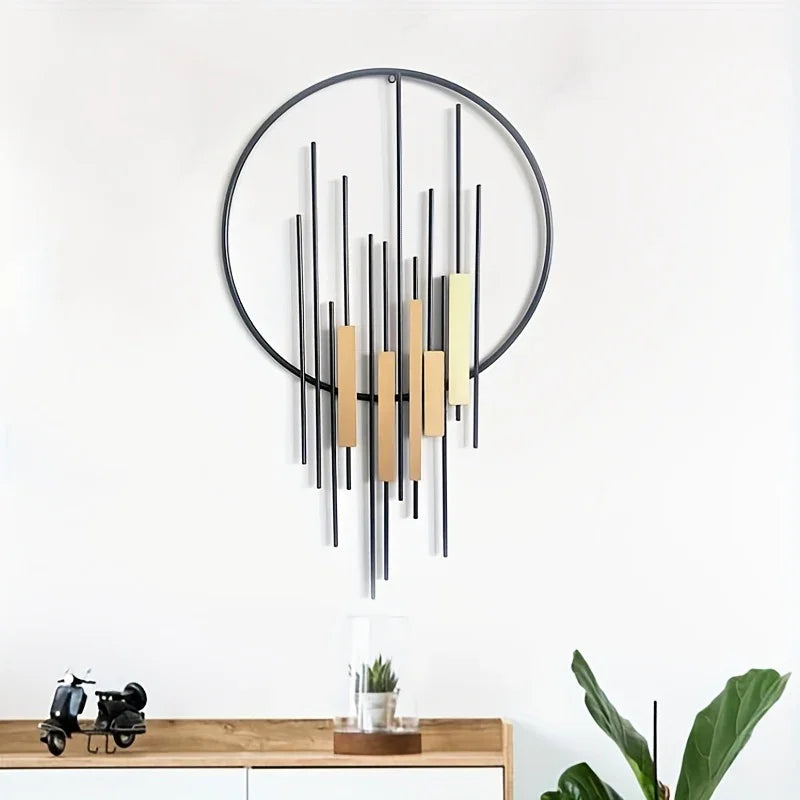 Metal Wall Art - Geometric Circle Design with Rustic Industrial Bars & Beams, front view - House Of Avana