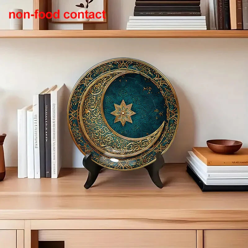 1pc 8-Inch Modern Teal and Golden Crescent Moon Wall Decor Plate, Vintage Islamic Style Home Decoration, Unique Jewelry Display Tray for Necklaces & Rings, Perfect Holiday Gift for Friends & Family, Round Ceramic Hanging Art House Of Avana [[SKU:HOA-WAL-071]]