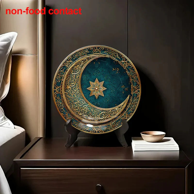 1pc 8-Inch Modern Teal and Golden Crescent Moon Wall Decor Plate, Vintage Islamic Style Home Decoration, Unique Jewelry Display Tray for Necklaces & Rings, Perfect Holiday Gift for Friends & Family, Round Ceramic Hanging Art House Of Avana [[SKU:HOA-WAL-071]]