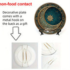 1pc 8-Inch Modern Teal and Golden Crescent Moon Wall Decor Plate, Vintage Islamic Style Home Decoration, Unique Jewelry Display Tray for Necklaces & Rings, Perfect Holiday Gift for Friends & Family, Round Ceramic Hanging Art House Of Avana [[SKU:HOA-WAL-071]]