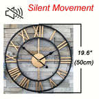 Metal Wall Clock with Roman Numerals, Silent Non-ticking Mechanism for Home and Office Decor, angled view - House Of Avana