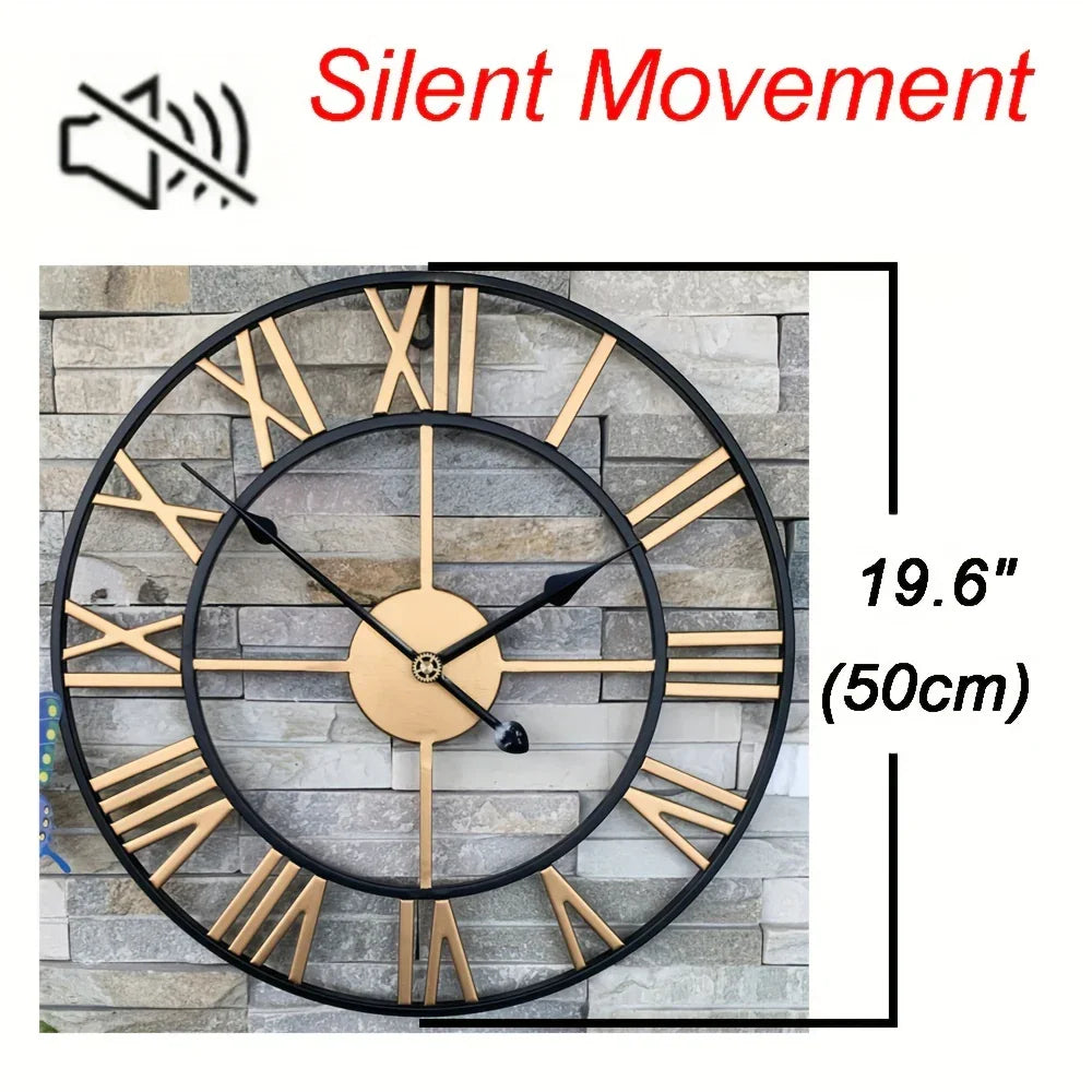 Metal Wall Clock with Roman Numerals, Silent Non-ticking Mechanism for Home and Office Decor, angled view - House Of Avana
