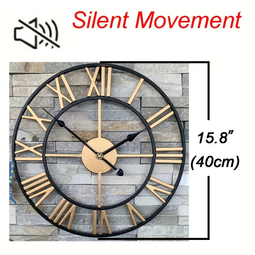 Metal Wall Clock with Roman Numerals, Silent Non-ticking Mechanism for Home and Office Decor, angled view - House Of Avana